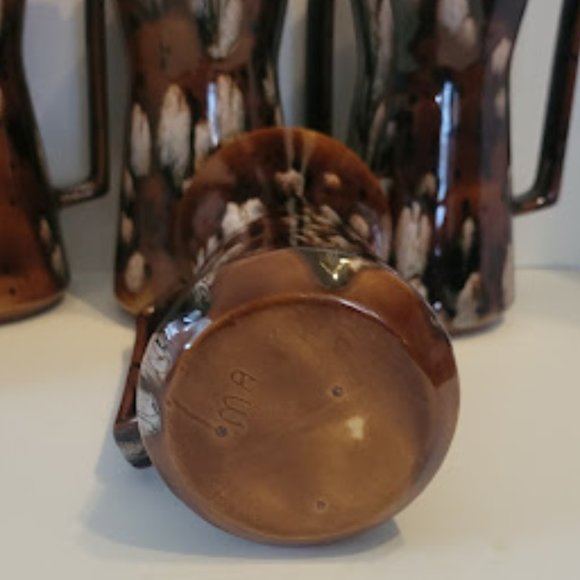 Set of 4 Vintage Tall Hourglass Brown Pottery Drip Glaze Coffee Mug Cup - Picture 3 of 5